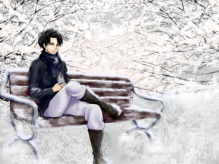 Обои на рабочий стол Леви Райвель (Ривай) / Levi Rivaille (Rivai) из аниме Атака Титана / Attack on Titan / Shingeki no Kyojin с чашкой в руке сидит на скамейке, стоящей на льду под цветущими деревьями сакуры, покрытыми снегом