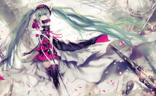 Обои на рабочий стол Vocaloid Hatsune Miku / Вокалоид Хатсуне Мику стоит перед микрофоном