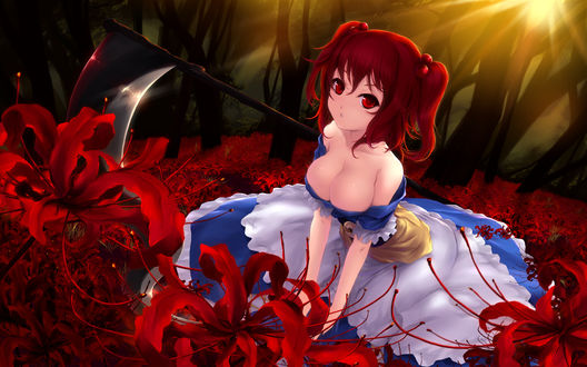 Обои на рабочий стол Komachi Onozuka / Комачи Онодзука сидит посреди леса на поляне красных цветов, рядом стоит вогнанная в землю коса, из серии компьютерных игр Touhou Project / «Проект «Восток»», художник Cait