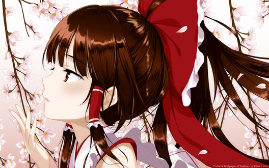 Обои на рабочий стол Reimu Hakurei / Рейму Хакурей нюхает цветок сакуры, из серии компьютерных игр Touhou Project / «Проект «Восток»», художник ke-ta
