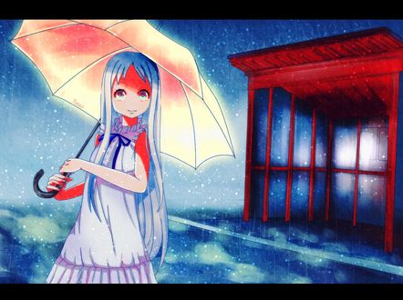 Обои на рабочий стол Menma (Meiko Honma) / Мэнма (Мэйко Хонма) из аниме Невиданный цветок / Anohana стоит под дождем, художник Rezo-sempai