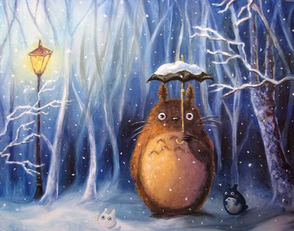 Обои на рабочий стол Тоторо / Тotoro из аниме Мой сосед Тоторо / My Neighbor Totoro стоит под зонтом на фоне леса, художник villasukka