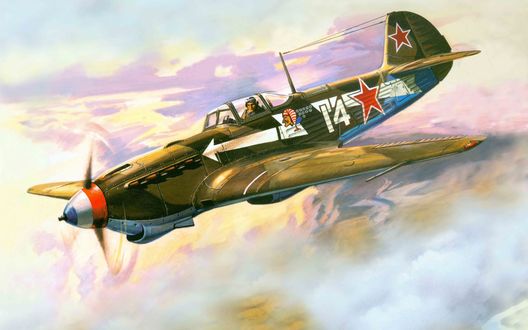 Обои на рабочий стол Советский истребитель Як-9 с номером 14 и рисунком индейца на фюзеляже летит над полем