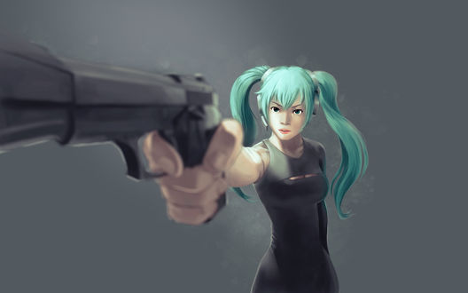 Обои на рабочий стол Vocaloid Hatsune Miku / Вокалоид Хатсуне Мику целится из пистолета
