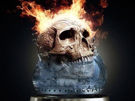 Обои на рабочий стол Одна половина черепа в воде, а другая в огне
