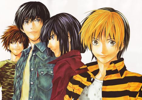 Обои на рабочий стол Вая Йошитака / Waya Yoshitaka, Изуми Шинчиро / Isumi Shinichiro, Тоя Акира / Touya Akira и Шиндо Хикару / Shindou Hikaru из манги Хикару и Го / Hikaru no Go