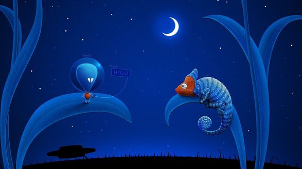Обои на рабочий стол Инопланетянин, прилетевший на Землю на космическом корабле, забравшись на широкий лист пытается наладить общение с забавным хамелеончиком, сидевшем на соседнем листе на фоне ночного, звездного неба и ярко светящегося полумесяца (HELLO / Привет)