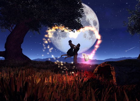 Обои на рабочий стол Мужчина, стоящий на траве под деревом, нежно взяв за талию свою возлюбленную, поднял ее вверх на фоне ночного, звездного неба, взошедшей планеты и бликов огоньков в форме сердечка