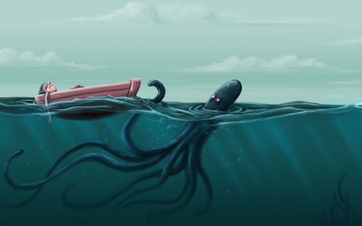 Обои на рабочий стол Осьминог в воде около лодки, в которой спит мужчина