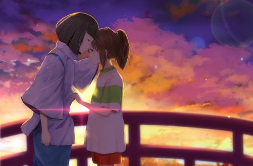 Обои на рабочий стол Тихиро Огино / Chihiro Ogino и Хаку / Haku из аниме Унесенные призраками / Sen to Chihiro no kamikakushi