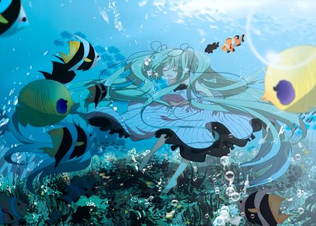 Обои на рабочий стол Vocaloid Hatsune Miku / Вокалоид Хатсуне Мику под водой в окружение рыбок, художник Marirero A