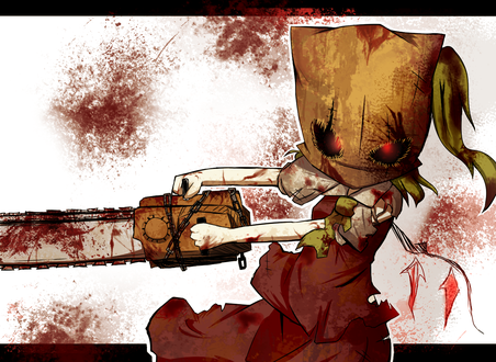 Обои на рабочий стол Flandre Scarlet / Фландр Скарлет из игры Тохо / Touhou Project / Проект «Восток» в стиле Обитель Зла / Resident Evil с окровавленной бензопилой в руках, с пакетом на голове, из прорезанных глазниц в котором горят красные огоньки глаз, на белом фоне с брызгами крови