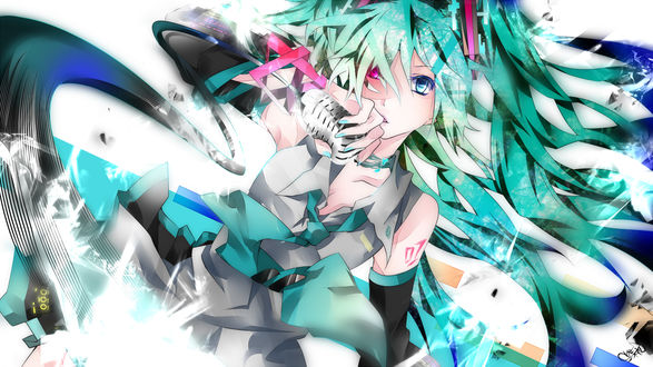Обои на рабочий стол Vocaloid Hatsune Miku / Вокалоид Хатсуне Мику с микрофоном в руке