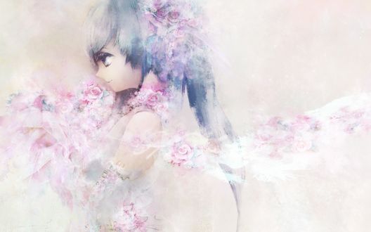 Обои на рабочий стол Vocaloid Hatsune Miku / Вокалоид Хатсуне Мику с букетом цветов