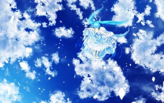 Обои на рабочий стол Vocaloid Hatsune Miku / Вокалоид Хатсуне Мику стоит в воде, в которой отражается облачное небо, art by amemura