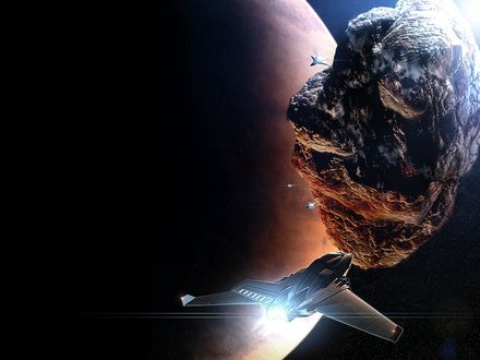 Обои на рабочий стол Космические корабли летают вокруг астероида недалеко от планеты