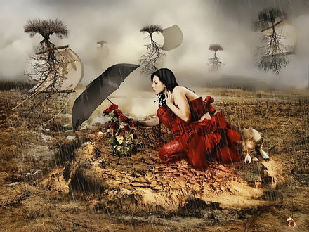 Обои на рабочий стол Черноволосая женщина в красном платье, сидящая на пригорке высохшей, потрескавшейся земли прикрывает черным зонтиком от идущего дождя букет красных роз, оставшийся в единственном экземпляре на земле, деревья вместе с корнями поднимаются и улетают в пасмурное, дождевое небо, рядом с женщиной лежит собака