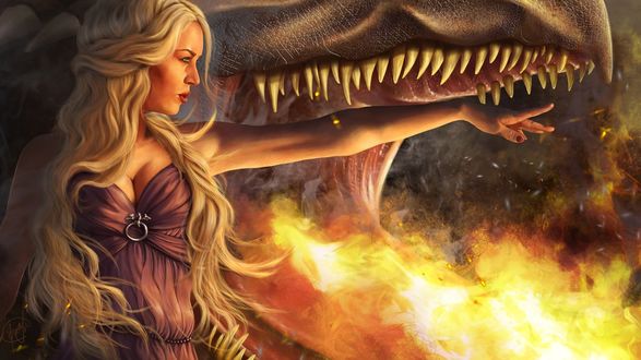 Обои на рабочий стол Дэйнерис Таргариен / Daenerys Targaryen возле пасти дракона
