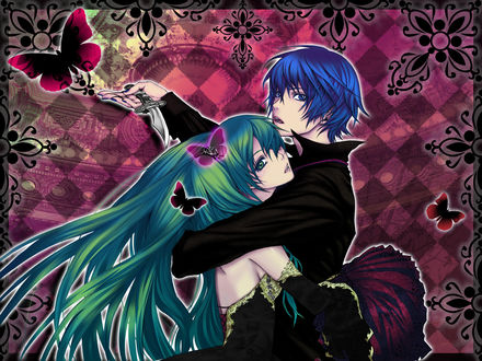 Обои на рабочий стол Кайто / Kaito с ножом в руке обнимает Мику / Miku