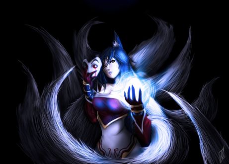Обои на рабочий стол Девушка-лисица / Ahri / Ари, персонаж из игры League of Legends / Лига Легенд с маской в руке колдует