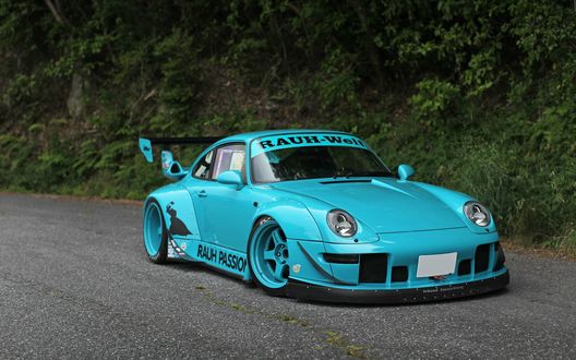 Обои на рабочий стол RWB Porsche 993 Carrera голубого цвета стоит на дороге на фоне природы