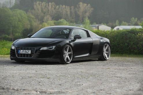 Обои на рабочий стол Audi R8 стоит на дороге на фоне красивого зеленого леса