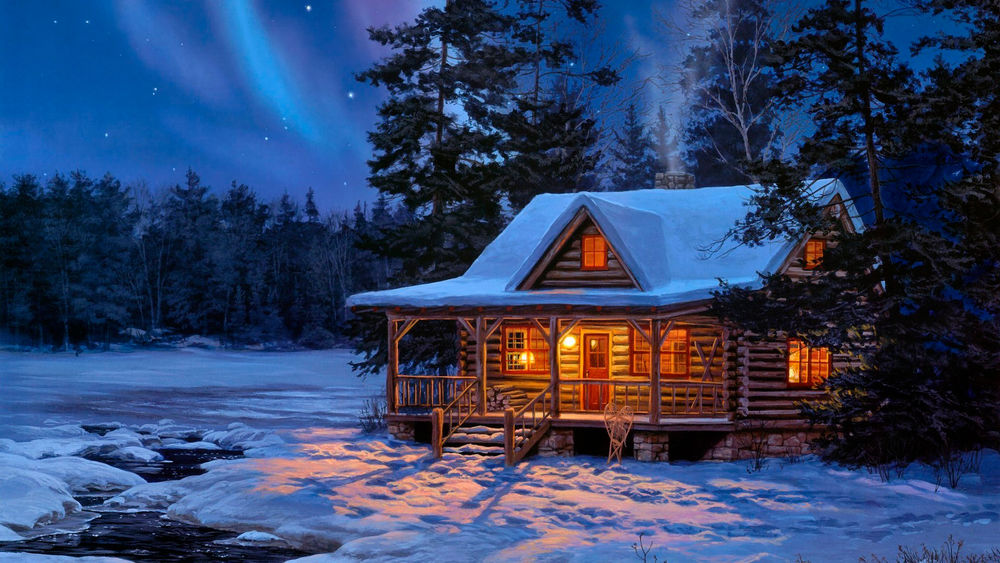 Обои для рабочего стола Красивый, деревянный, домик из бревен с мансардой, с ярко освещенными окнами, стоящий на опушке леса возле незамерзающего ручья на фоне ночного, звездного неба