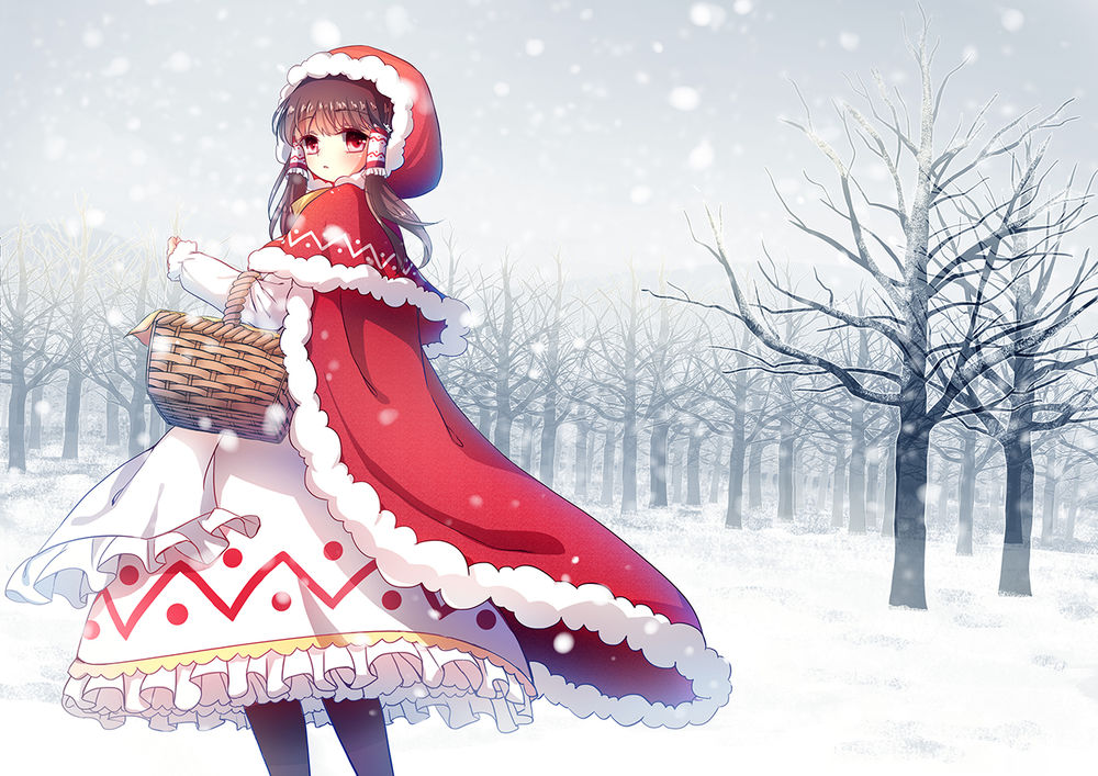 Обои для рабочего стола Hakurei Reimu / Рейму Хакурей из игры Проект Восток / Touhou Project с корзиной, художник Emia Wang