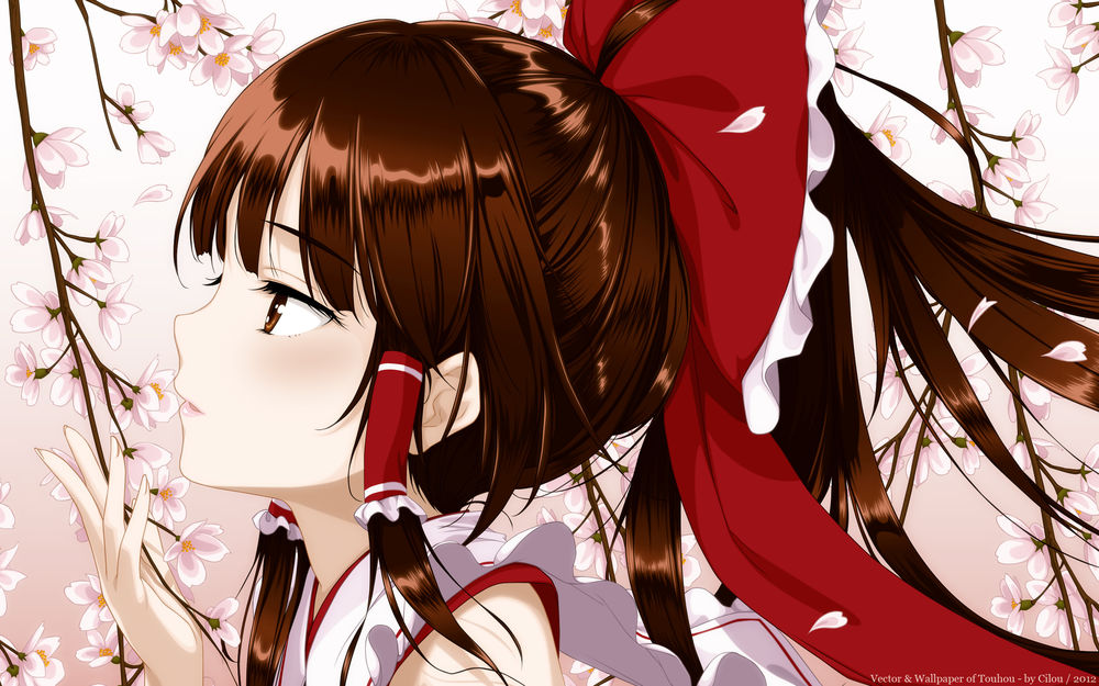Обои для рабочего стола Reimu Hakurei / Рейму Хакурей нюхает цветок сакуры, из серии компьютерных игр Touhou Project / «Проект «Восток»», художник ke-ta