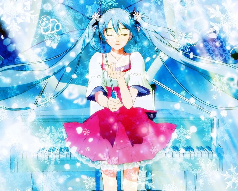Обои для рабочего стола Vocaloid Hatsune Miku / Вокалоид Хатсуне Мику стоит под зонтом спиной к пианино, ловя на ладонь снежинки