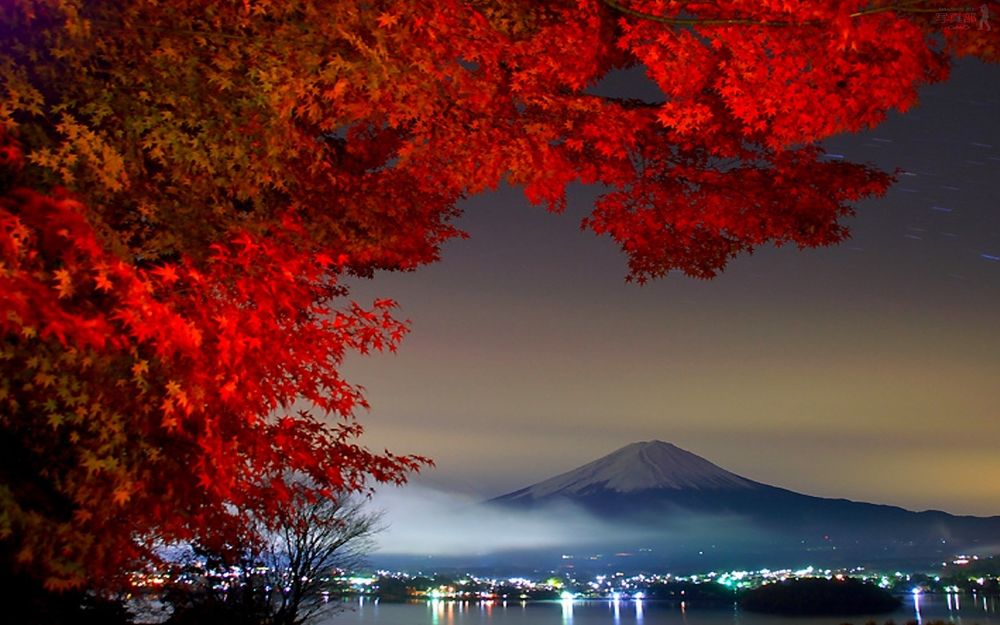 Обои для рабочего стола Гора Фудзияма, Япония / Mount Fuji, Japan со снежной шапкой на пике вершины, небольшим белым облаком на фоне вечернего неба со звездными треками, на переднем плане находится клен с густой красной лиственной кроной