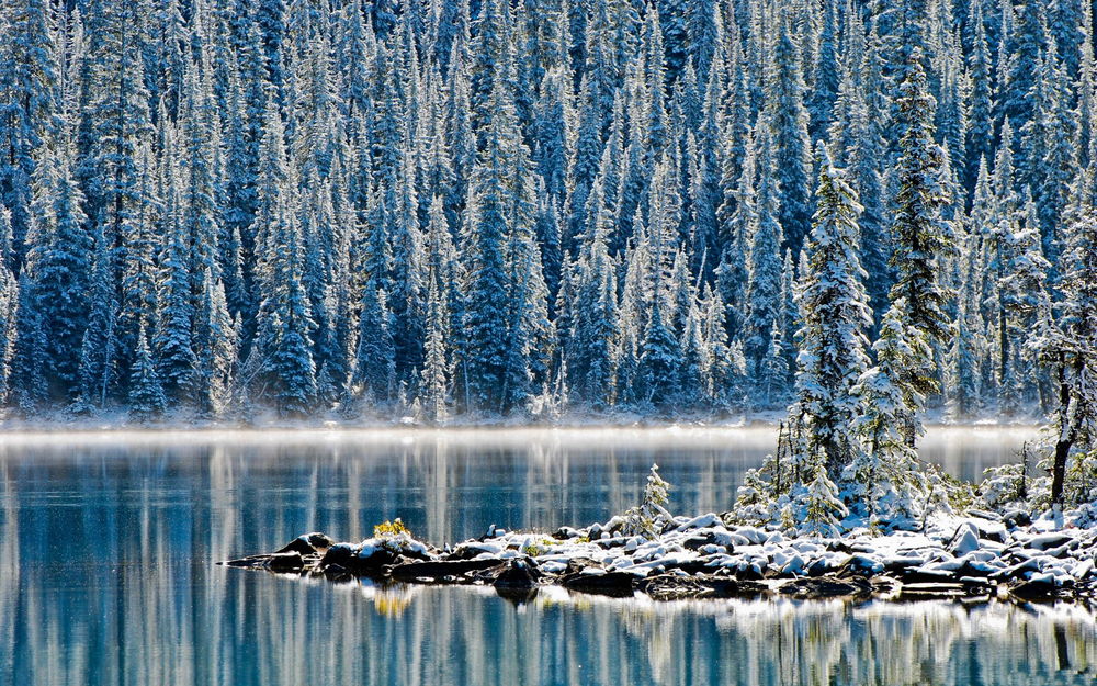 Обои для рабочего стола Неширокая каменная гряда в озере, покрытая снегом с растущими на ней высокими елями и густой еловый лес, стоящий на берегу озера