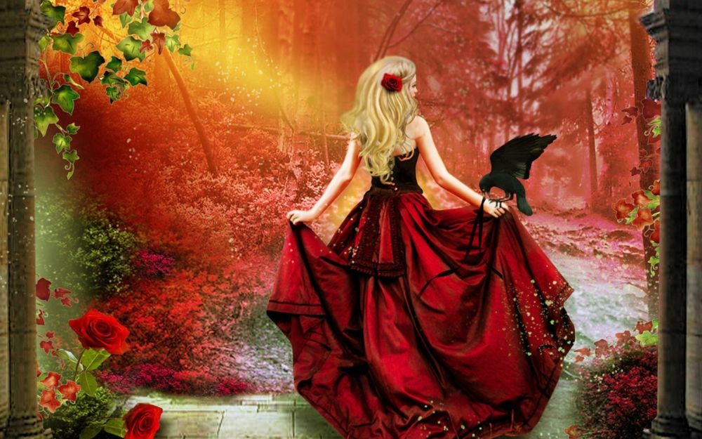 Обои для рабочего стола Стройная белокурая девушка с красной розой в длинных волосах, держа руками широкий подол длинного красного платья с сидящим у нее на руке черным вороном, стоящая в каменной арке, выходящей в лесную чащобу с проникающими через листву солнечными лучами