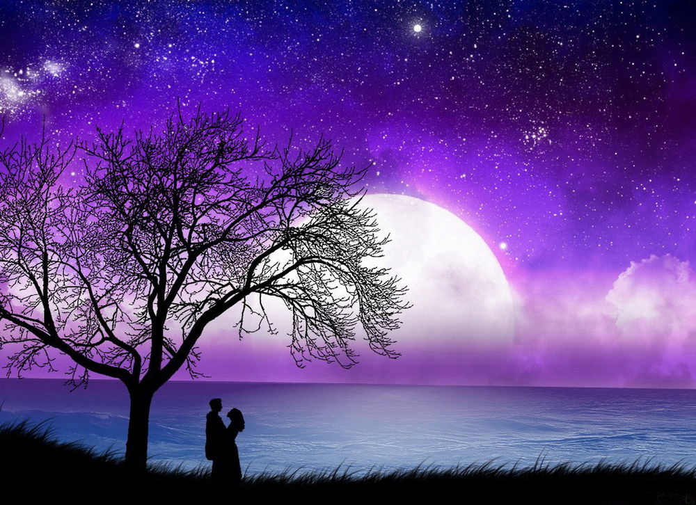 Обои для рабочего стола Девушка, находящаяся в объятьях мужчины с любовью смотрит на него, влюбленная пара стоит на берегу озера, поросшего травой, невдалеке от дерева на фоне ночного, звездного неба с появившимися планетами Солнечной системы