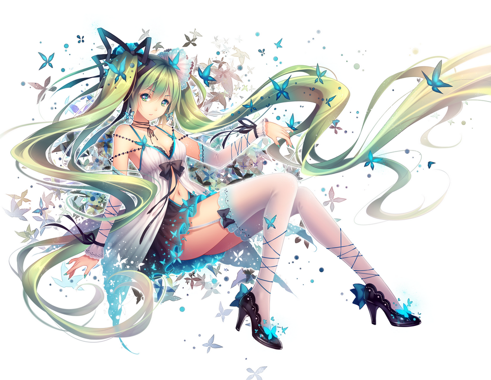 Обои для рабочего стола Vocaloid Miku Hatsune / Вокалоид Мику Хатсуне в окружении бабочек