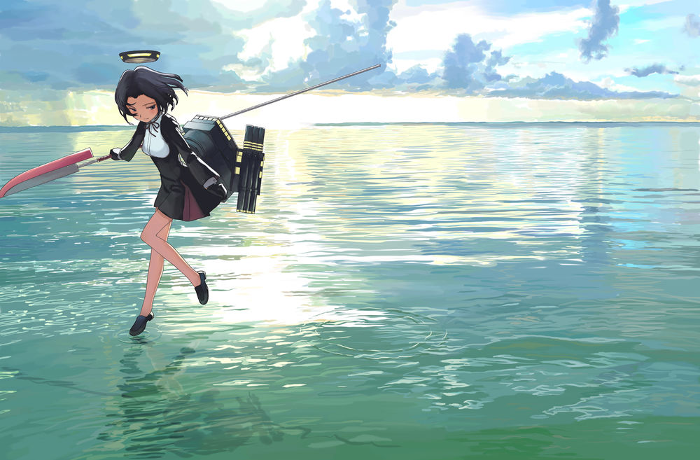 Обои для рабочего стола Tatsuta / Татсута из игры Kantai Collection с нагинатой в руке бежит по воде, художник Mocha (Snowflake)
