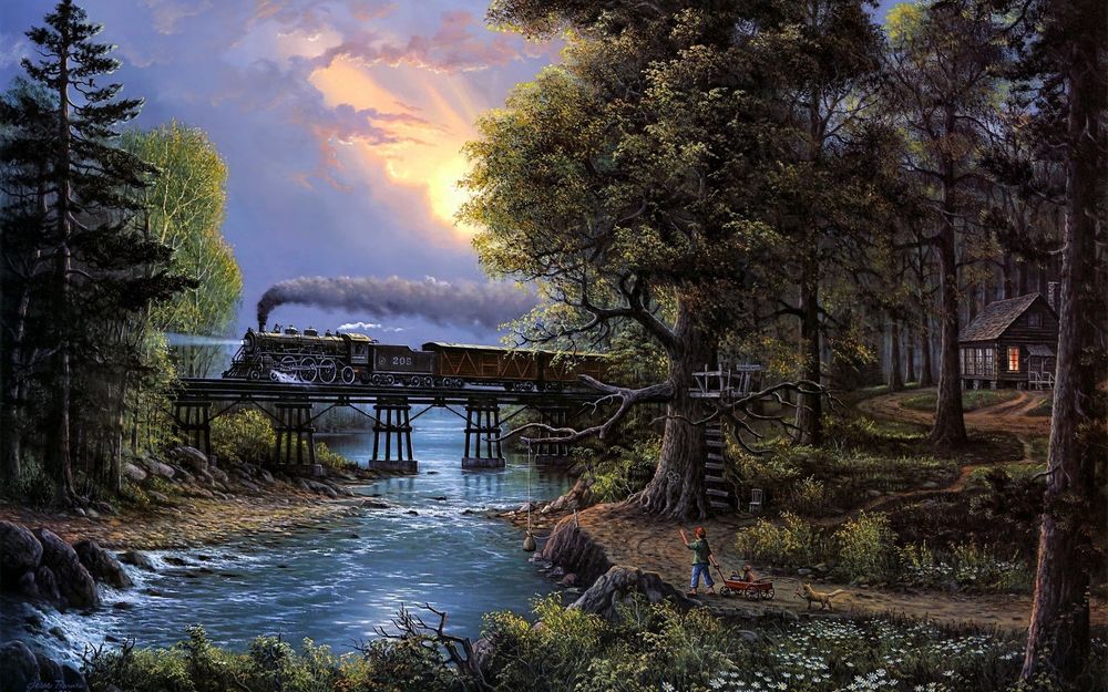 Обои для рабочего стола Железнодорожный мост через реку в лесу, по которому едет поезд
