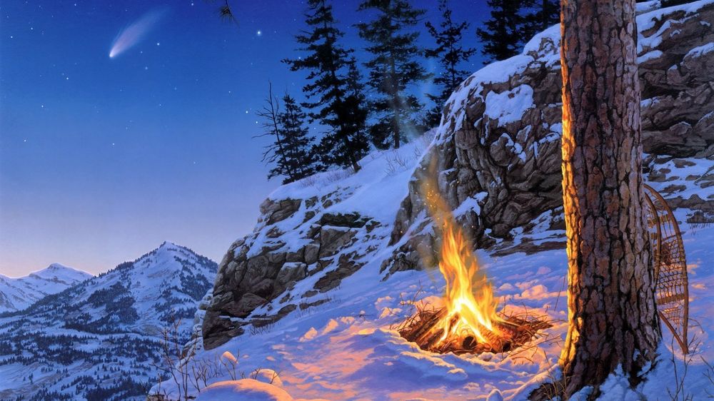 Обои для рабочего стола Горящий костер на снегу возле дерева с прислоненными к нему снегоступами на фоне горного массива, деревьев, звездного ночного неба с падающей кометой