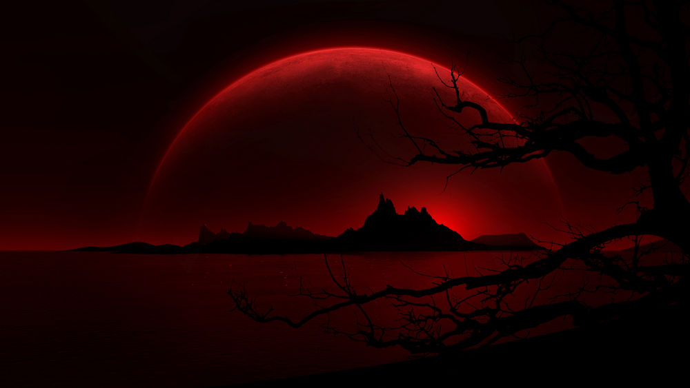 Обои для рабочего стола Темно-красная луна, взошедшая над горным массивом морского побережья на ночном небе