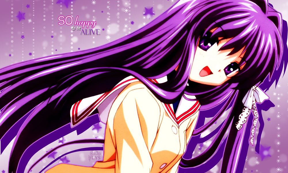 Обои для рабочего стола Девушка с фиолетовыми волосами, Clannad After Story Fujibayashi Kyou, (SO happy to be ALIVE / Такое счастье быть бодрой)
