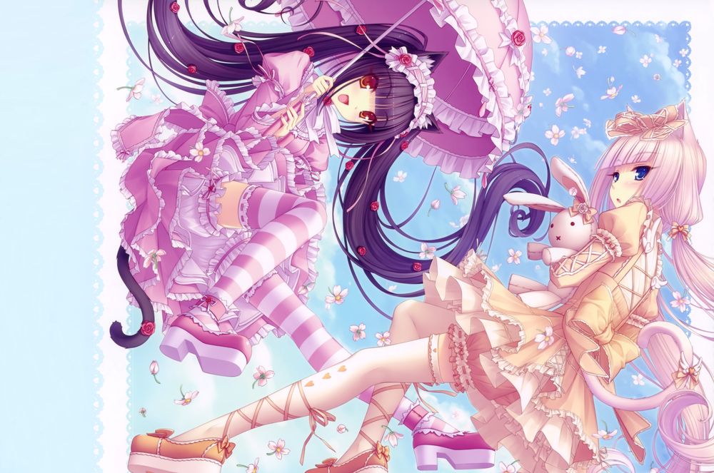 Обои для рабочего стола Chocola с зонтом и Vanilla кроликом в руках из аниме Neko Para, by Sayori