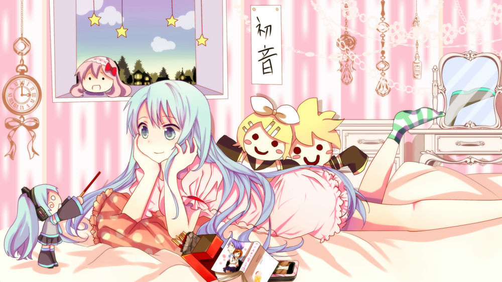 Обои для рабочего стола Вокалоиды / Vocaloid, Мику Хатсуне / Miku Hatsune, Лука Мегурине / Luka Megurine, Кагамине Рин / Kagamine Rin, Кагамине Лен / Kagamine Len