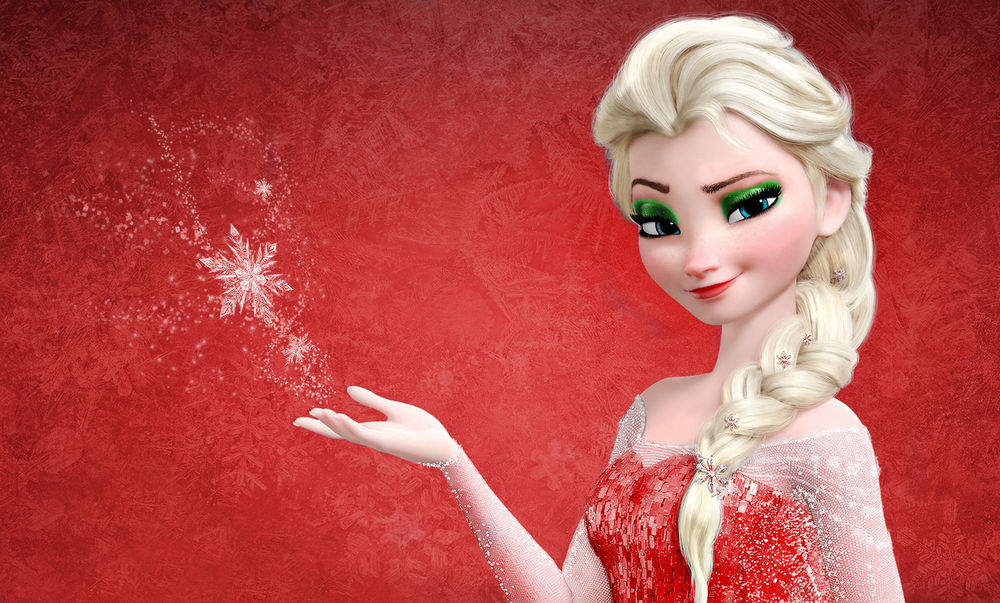 Обои для рабочего стола Принцесса Эльза из мультфильма Холодное сердце / Frozen, в красном платье с зеленым макияжем, держащая руку вверх, с которой она отпускает снежинки, на красном фоне