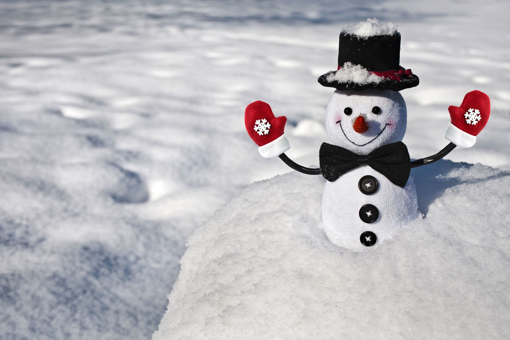 Обои для рабочего стола Махровый снеговик в шляпе-котелке, с бабочкой и в красных варежках стоит в снегу