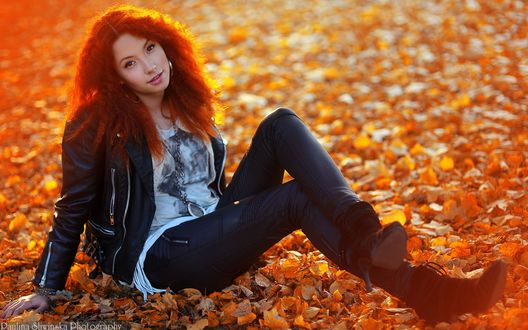 Обои на рабочий стол Рыжая девушка сидит в осенних листьях, фотограф Paulina Sliwinska