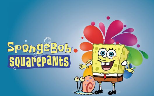 Обои на рабочий стол Счастливые Губка Боб / Sponge Bob и его улитка Гери / Gary из мультсериала Губка Боб Квадратные Штаны / Sponge Bob Square Pants на фоне разноцветных красок
