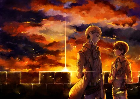 Обои на рабочий стол Эрен Йегер / Eren Jaeger и Джин Кристиан / Jean Kirschstein из аниме Атака Титана / Attack on Titan / Shingeki no Kyojin