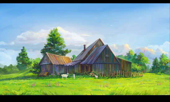 Обои на рабочий стол Около старого дома пасутся козы, art by ArseniXC