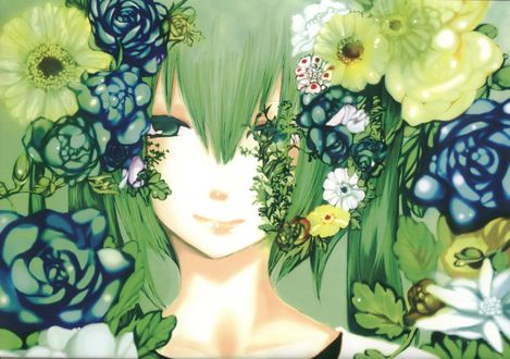 Обои на рабочий стол Vocaloid Hatsune Miku / Вокалоид Хатсуне Мику с цветами в волосах, art by Meola