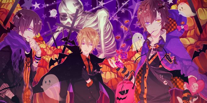 Обои на рабочий стол Три парня в на фоне празднования Хэллоуина / Halloween